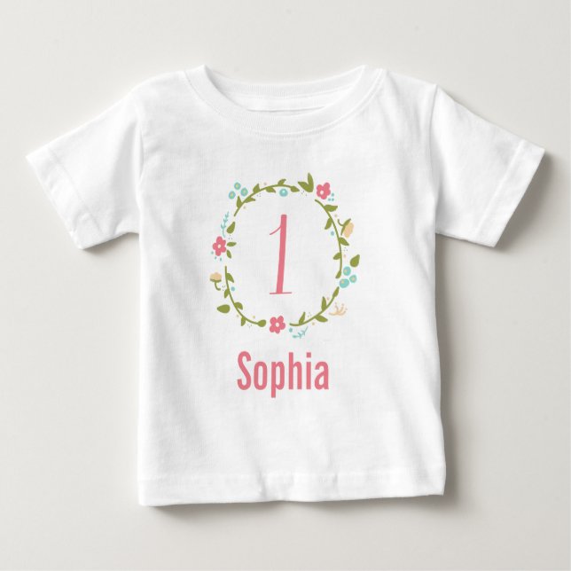Floral Wreath Girl 1st Birthday Personalised Baby T-Shirt (Front)