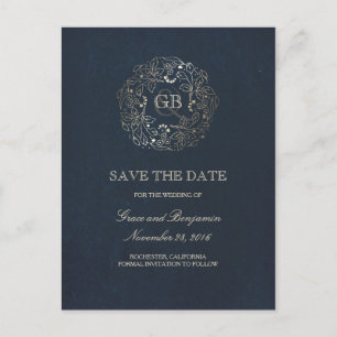 Floral Wreath Gold and Navy Vintage Save the Date Announcement Postcard