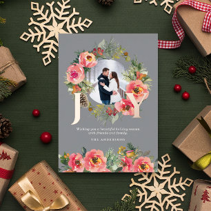 Floral Wreath Gold Joy Botanical Christmas Photo 