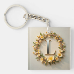 Floral Wreath Golden Letter L Elegant Monogram ✨ Key Ring