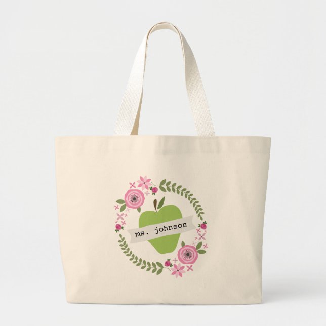 Floral Wreath Green Apple Personalised Teacher Large Tote Bag (Front)
