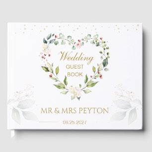 Floral wreath, green foliage Wedding Guest Book