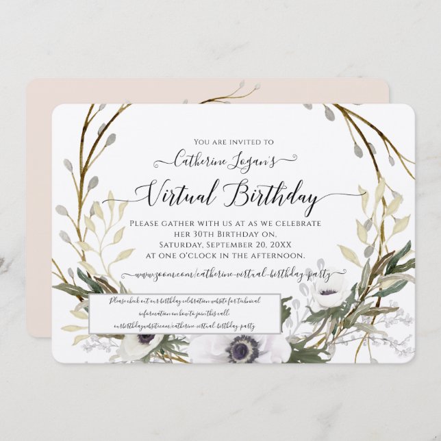 Floral Wreath Grey Blush Rustic Virtual Birthday Invitation (Front/Back)