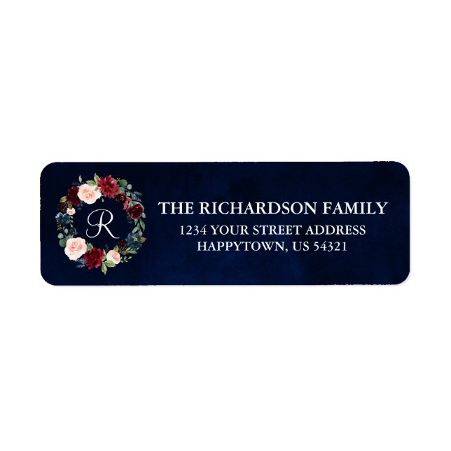 Floral Wreath Holiday Monogram Blue Address (Front)