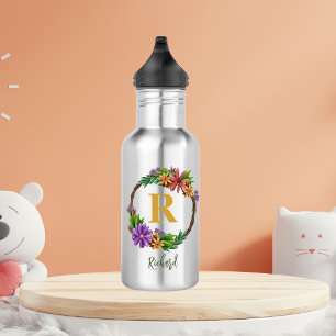 Floral Wreath Initial Letter Monogram Name Marble 532 Ml Water Bottle