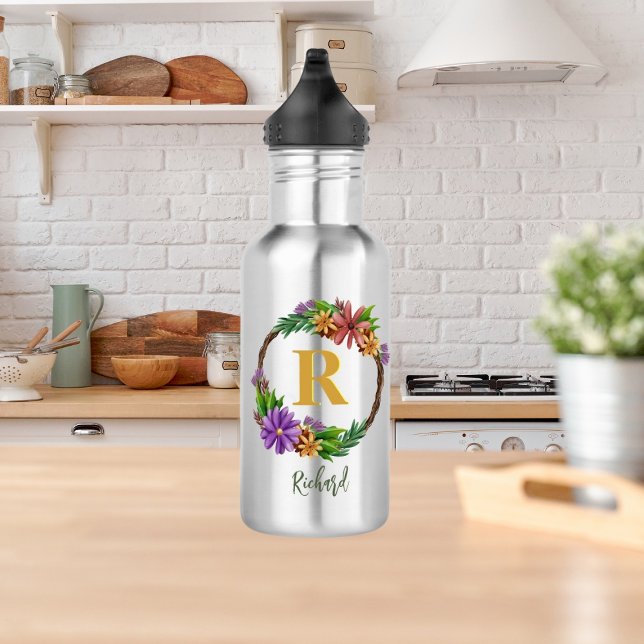 Floral Wreath Initial Letter Monogram Name Marble 532 Ml Water Bottle (Creator Uploaded)
