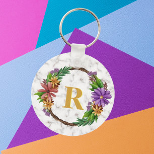 Floral Wreath Initial Letter Monogram Name Marble Key Ring