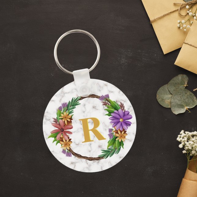 Floral Wreath Initial Letter Monogram Name Marble Key Ring (Creator Uploaded)