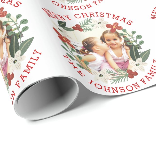 Floral wreath Merry Christmas holiday photo Wrapping Paper (Roll Corner)
