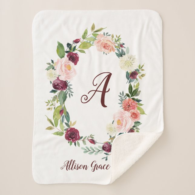 Floral Wreath Monogram Baby Sherpa Blanket (Front)