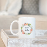 Floral Wreath Monogram Coffee Mug<br><div class="desc">Personalise your morning coffee or tea with our monogram mug,  featuring your single initial monogram surrounded by a wreath of lush watercolor flowers in shades of peach,  blush and spring green.</div>
