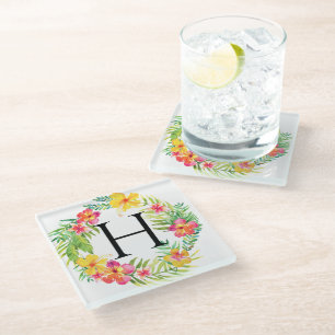 Floral Wreath Monogram Glass Coaster