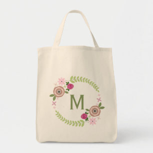 Floral Wreath Monogram Grocery Tote