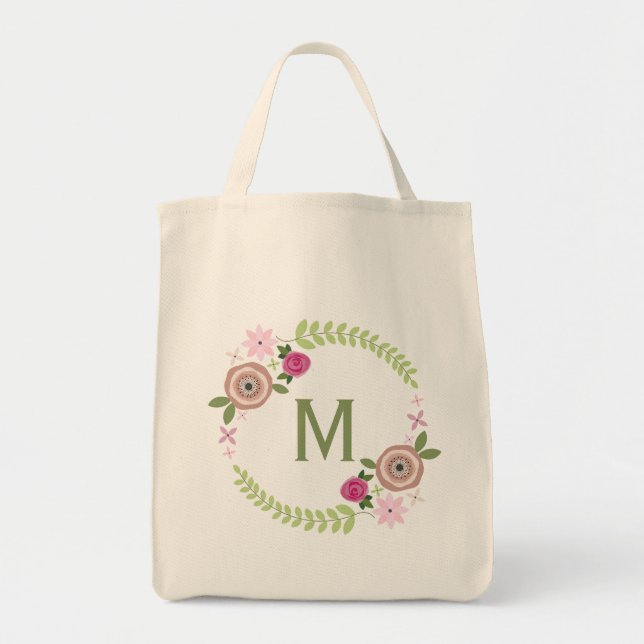 Floral Wreath Monogram Grocery Tote Bag (Front)