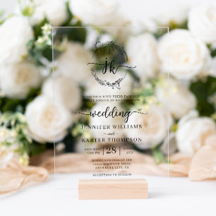 Floral Wreath Monogram Photo Wedding  Acrylic Invitations
