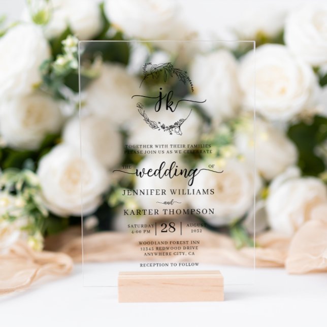 Floral Wreath Monogram Photo Wedding  Acrylic Invitations (Creator Uploaded)