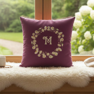 Floral wreath monogram pillow burgundy 