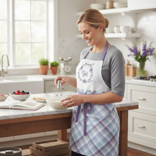 Floral Wreath Monogram Plaid Apron - Personalized 