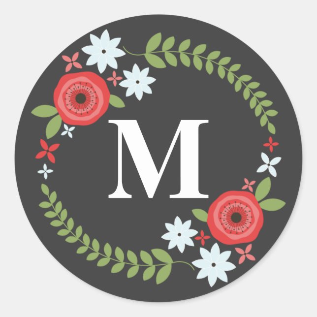 Floral Wreath Monogram Sticker - Grey (Front)