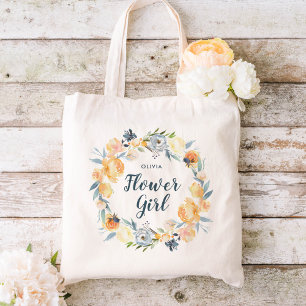 Floral Wreath Monogrammed Flower Girl Tote Bag