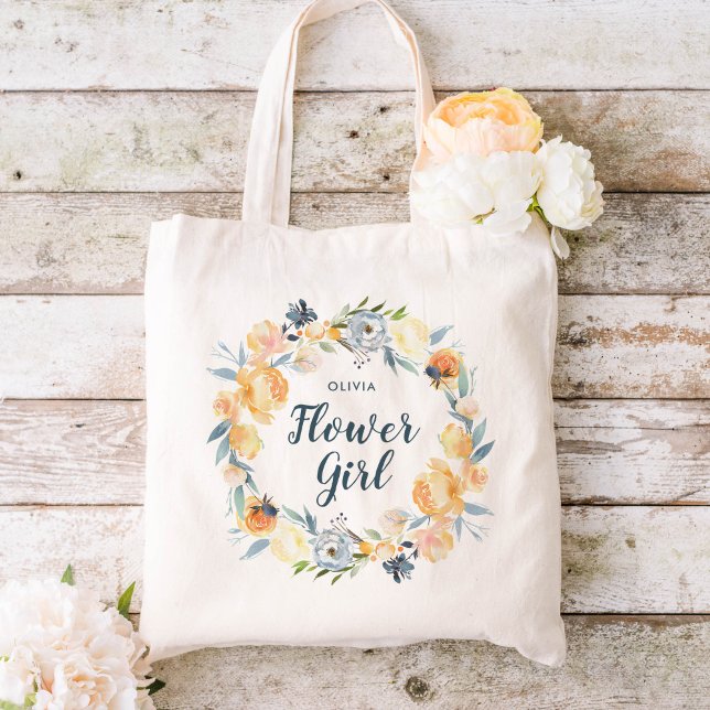 Floral Wreath Monogrammed Flower Girl Tote Bag (Creator Uploaded)