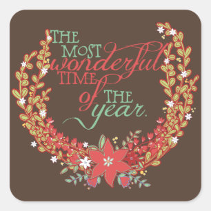 Floral Wreath Most Wonderful Time Holiday Sticker