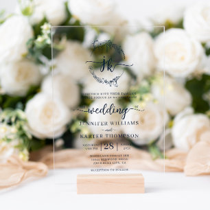 Floral Wreath Navy Blue Monogram Photo Wedding  Acrylic Invitations