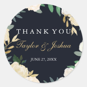 Floral Wreath Navy Thank You Wedding Sticker
