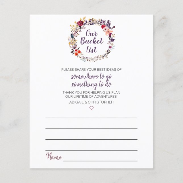 Floral Wreath Our Bucket List Bridal Shower Game Flyer (Front)