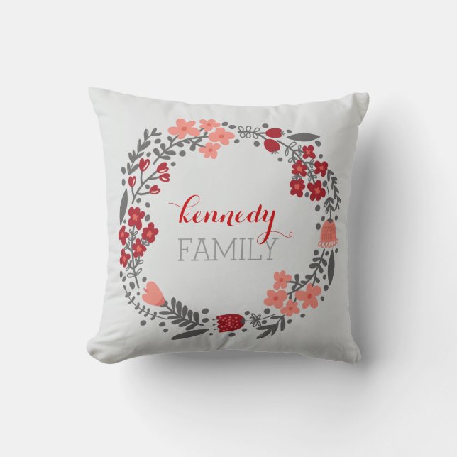 Floral Wreath Personalised Monogram Red Grey Cushion (Front)