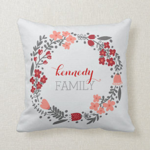 Floral Wreath Personalised Monogram Red Grey Cushion