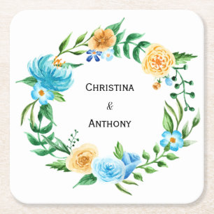 Floral Wreath   Personalised Wedding Square Paper Coaster