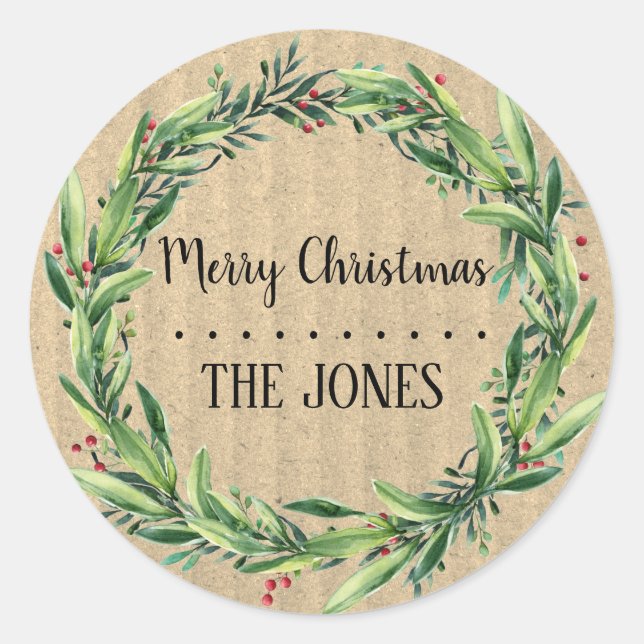Floral Wreath | Personalized Christmas Classic Round Sticker (Front)