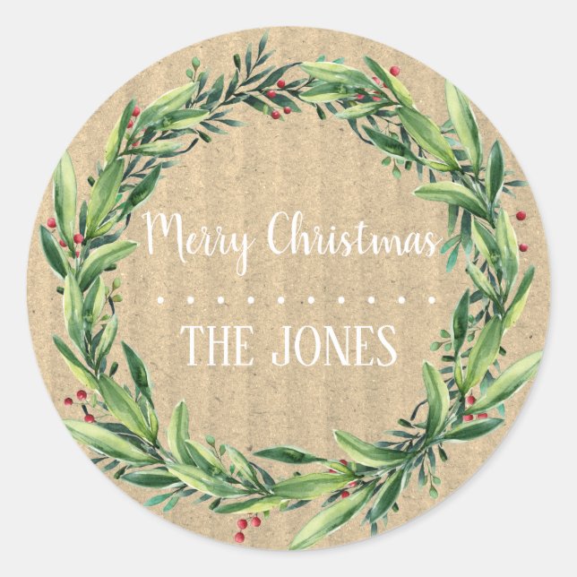 Floral Wreath | Personalized Christmas Classic Round Sticker (Front)