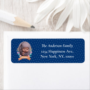 Floral Wreath Photo Christmas Blue return address