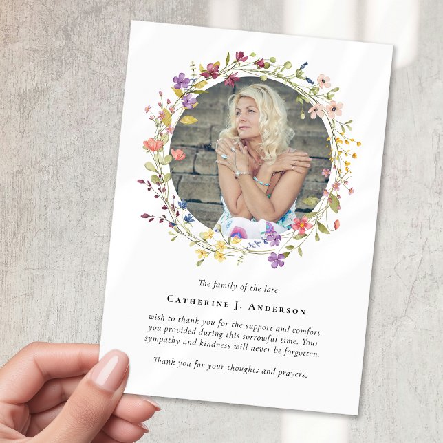 Floral Wreath Photo Sympathy Funeral Memorial Thank You Card (Creator Uploaded)