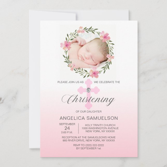 Floral Wreath Pink CHRISTENING GIRL | PHOTO Invitation (Front)