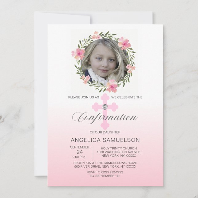 Floral Wreath Pink Confirmation GIRL | PHOTO Invitation (Front)