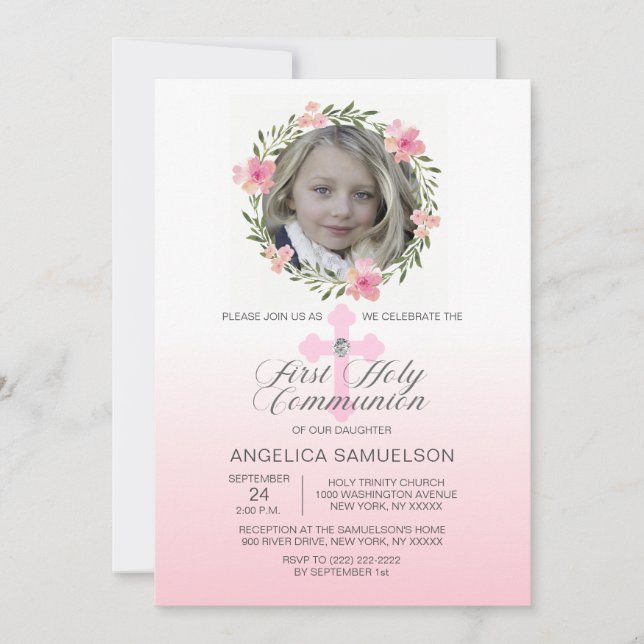 Floral Wreath Pink First Holy Communion GIRL Invitation (Front)