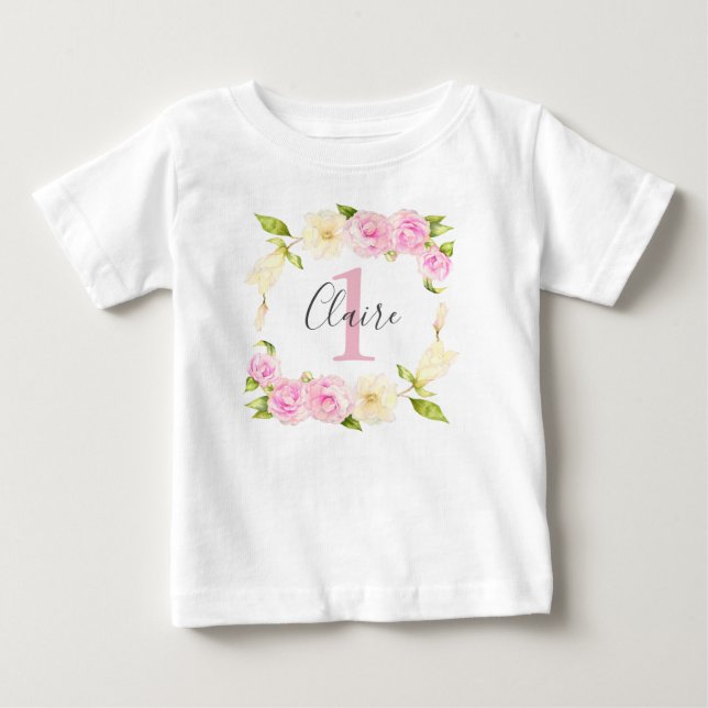 Floral Wreath Pink Girl First Birthday Baby T-Shirt (Front)
