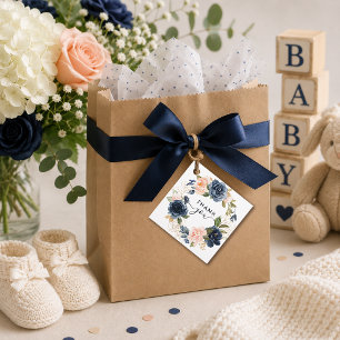 Floral Wreath Pink Navy Baby Shower Thank You Favour Tags