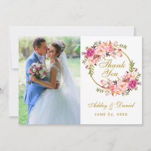 Floral Wreath Pink Wedding Photo Thank You Card