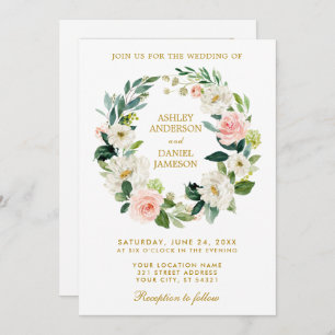 Floral Wreath Pink White Gold Photo Wedding Invitation