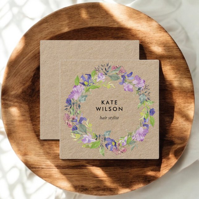 Floral Wreath Purple Flowers Kraft Square Business Card (Creator Uploaded)