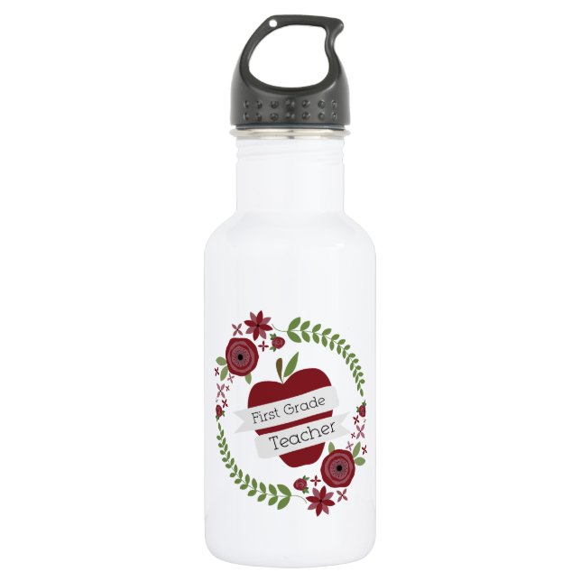 Floral Wreath Red Apple First Grade Teacher 532 Ml Water Bottle (Front)
