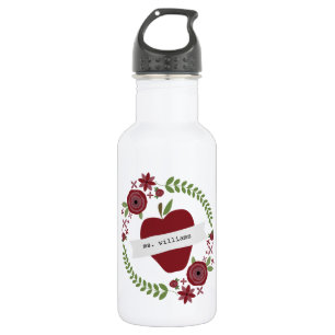 Floral Wreath Red Apple Personalised Teacher 532 Ml Water Bottle