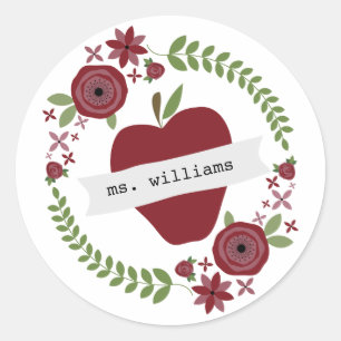 Floral Wreath Red Apple Personalised Teacher Classic Round Sticker