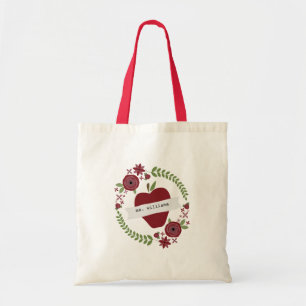 Floral Wreath Red Apple Personalised Teacher Tote Bag