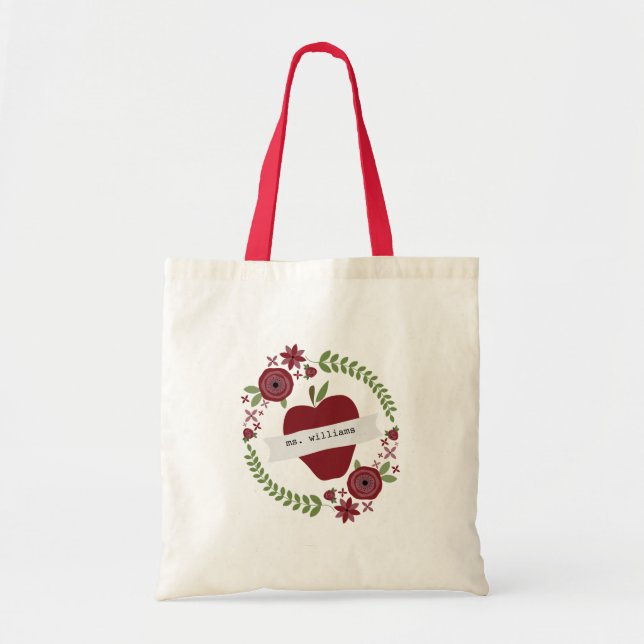 Floral Wreath Red Apple Personalised Teacher Tote Bag (Front)