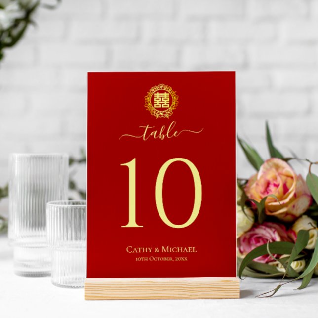 Floral wreath red double happiness Chinese wedding Table Number (Creator Uploaded)